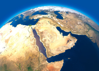 Cartina fisica del mondo, vista satellitare del Medio Oriente. Africa, Asia. Globo. Emisfero. Rilievi e oceani. 3d rendering - obrazy, fototapety, plakaty