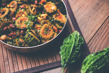 Delicious bitter melon curry, a healthy food from India. selective focus