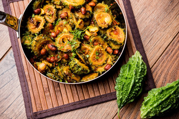Delicious bitter melon curry, a healthy food from India. selective focus