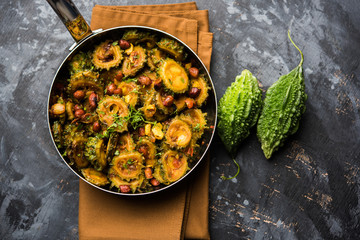 Delicious bitter melon curry, a healthy food from India. selective focus