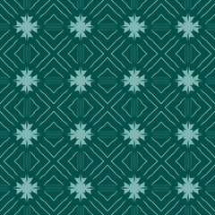 Seamless square pattern from turquoise geometrical abstract ornaments on a dark green background. Vector illustration. Suitable for fabric, wallpaper and wrapping paper