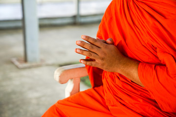 Close up hand up from Asia monk, prays., Bangkok, Thailand.