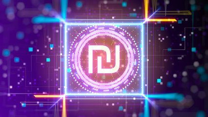 Israeli new Shekel virtual currency logo. Financial sign on digital background.