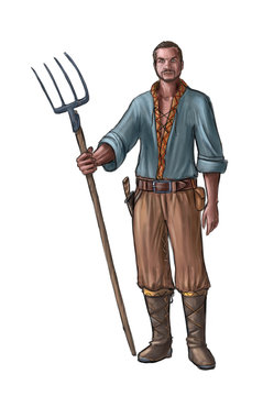 Concept art digital painting or illustration of fantasy villager, village man, countryman or farmer holding pitchfork or fork.