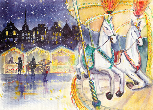 Retro carousel horse. Winter travel watercolor scene, december. Christmas market carousel. Xmas evening painting. Europe christmas carousel. Vintage night town illustration