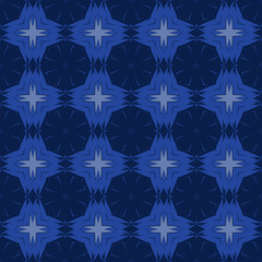 Seamless square pattern from blue geometrical abstract ornaments on a dark background. Vector illustration. Suitable for fabric, wallpaper and wrapping paper