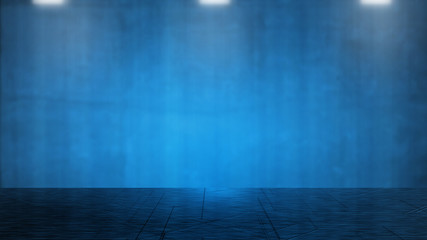 Abstract futuristic sci-fi background. Glowing blue grunge wall on reflect metallic floor, with LED dim lights from top. For high-tech products, Artificial intelligence or crypto currency usages.