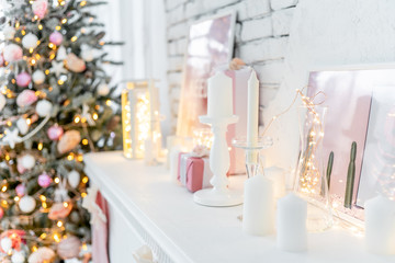 Christmas living room with a christmas tree and presents under it