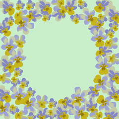 festive circle frame of blue and yellow flowers on a light background