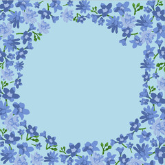 festive circle frame of blue and blue flowers on light background