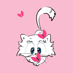 Cute white kitten with pink butterflies. Vector illustration for school textbooks, stickers, posters, album covers.