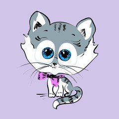 Cute gray cat with a pink bow. Vector illustration for school textbooks, stickers, posters, album covers.