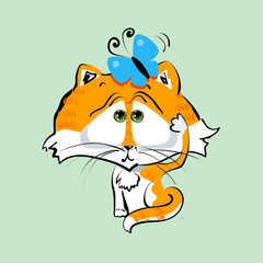 Orange cat with blue butterfly. Vector illustration for school textbooks, stickers, posters, album covers.