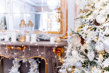 Christmas living room with a christmas tree and presents under it