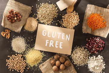 Gluten free flour and cereals millet, quinoa, corn bread, brown buckwheat, rice, bread and pasta...