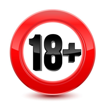 Age limit sign or icon in red. 18 plus years. Vector isolated on white background.