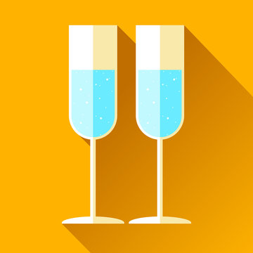 Champagne glasses icon in flat style, wineglass on color background. Holiday alcohol drink. Vector design elements for you business project 