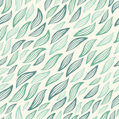 Seamless repeat pattern with leaves in blue on white background. Hand drawn fabric, gift wrap, wall art design.