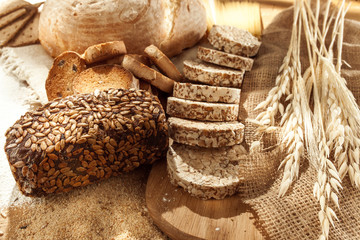 Gluten free food. Various pasta, bread and snacks on wooden background from top view. Healthy and...