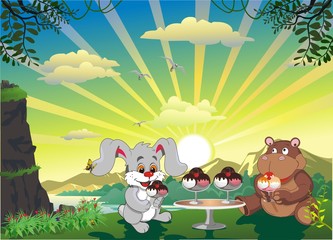 Naklejka premium Picture - Bunny And Hippo With Ice Cream Outdoors 