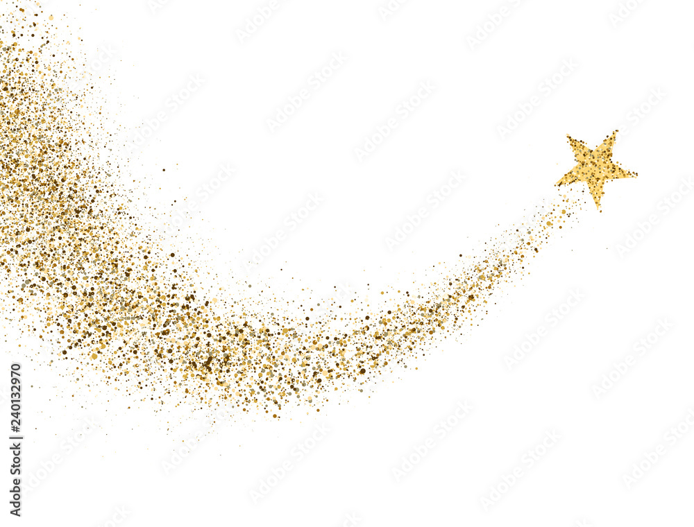 Wall mural star dust trail with glitter sparkling particles on white background. gold glittering space comet ta