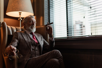 Portrait of experienced unshaven grey-haired pensioner smoking cigar while sitting in arm-chair in apartment. Age, Confidence and prosperity concept - obrazy, fototapety, plakaty