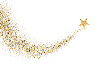 Fototapeta na wymiar Star dust trail with glitter sparkling particles on white background. Gold glittering space comet tail. Cosmic wave. Golden shining star with dust tail. Festive backdrop. Vector illustration