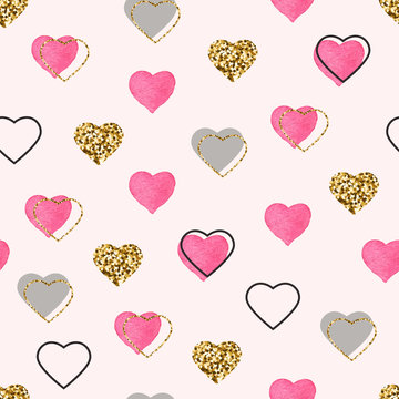 Glitter gold and watercolor pink hearts seamless pattern. Valentines Day background. Bright doodle heart confetti. Romantic wallpaper design with symbol of love. Vector illustration