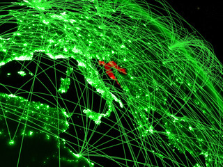 Croatia from space on model of green planet Earth with network. Concept of green technology, connectivity and travel.