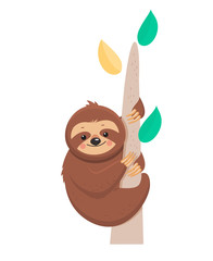 Joyful sloth hanging on a branch. Vector illustration. Cartoon slyle.Isolated on white background