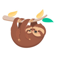 Joyful sloth hanging on a branch. Vector illustration. Cartoon slyle.Isolated on white background