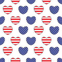 Hearts with the United States flag's colors. Seamless pattern.