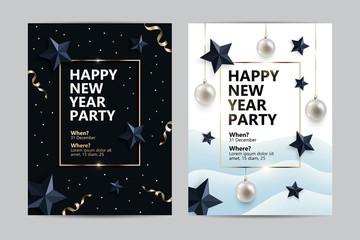 Happy New Year party flyers, cards, invitations with festive elements - confetti and gold tinsel, black stars, christmas balls. Posters in two variants of colors: black and white. Vector eps10