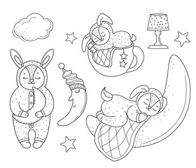 set of sleeping bunnies. Line art design.Isolated on white background.Vector illustration