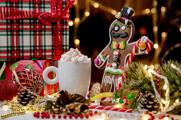 cocoa with marshmallows on a white background, Christmas mood, Christmas toys, Christmas cookies