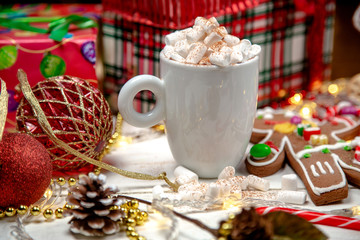 cocoa with marshmallows on a white background, Christmas mood, Christmas toys, Christmas cookies