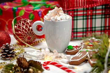 cocoa with marshmallows on a white background, Christmas mood, Christmas toys, Christmas cookies