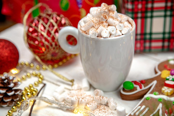cocoa with marshmallows on a white background, Christmas mood, Christmas toys, Christmas cookies