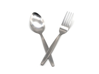 Stainless steel fork and spoon isolated on white background.