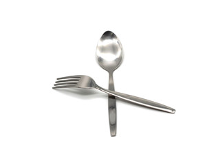 Stainless steel fork and spoon isolated on white background.