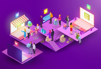 Vector isometric composition with laptop and people. Colorful mi