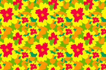 Bright vector seamless pattern abstract art hand drawn yellow and red flowers on orange background for bedding, textile, wallpaper, wrapping, cover page, web site, card, carton, print, fabric, banner.