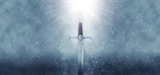 Fotobehang mysterious and magical photo of silver sword over gothic snowy black background. Medieval period concept. © tomertu
