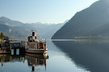 Passenger ship on the lake Grundlsee. Styria, Austria.