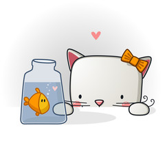 Little kitten  and aquarium with a  tropical fish