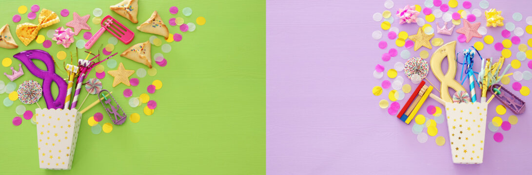 Purim celebration concept (jewish carnival holiday) over purple, pink and green wooden background. Top view.