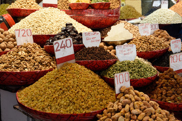 Spice market, Old Delhi, India, assorted fresh India dried fruits, nuts and seeds 