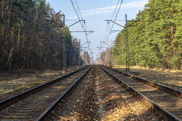 Fototapeta na wymiar railroad tracks in misty forest