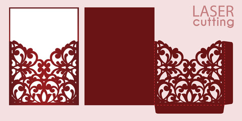 Die laser cut wedding invitation card template vector. Wedding pocket envelope or greeting card with abstract ornament. Open card. Suitable for greeting cards, invitations, menus.
