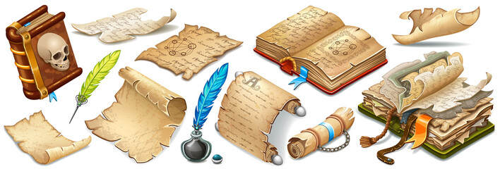 Set isometric books of magic spells and witchcraft, royal scrolls and parchments, old sheets of paper for computer game. Fairy tale icon in cartoon style. Isolated 3d vector illustration. © valadzionakvolha